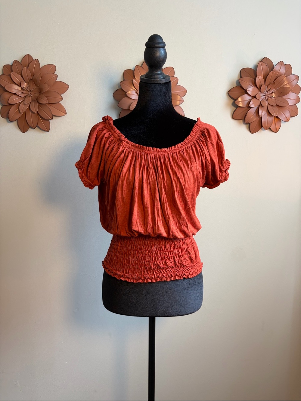 Arden B Rust Off-Shoulder Smocked Waist Short Sleeve Top